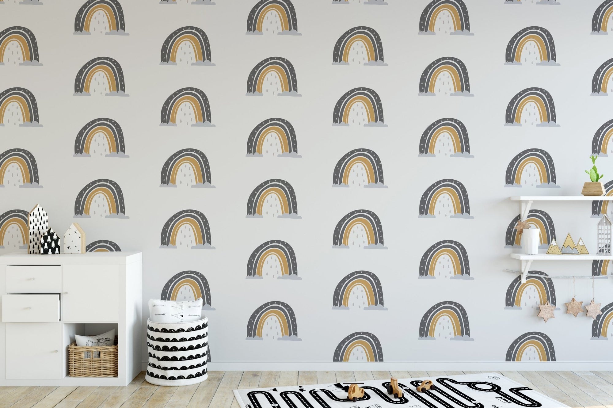 Hand drawn seamless rainbow wallpaper with gray and mustard arch pattern for nursery.