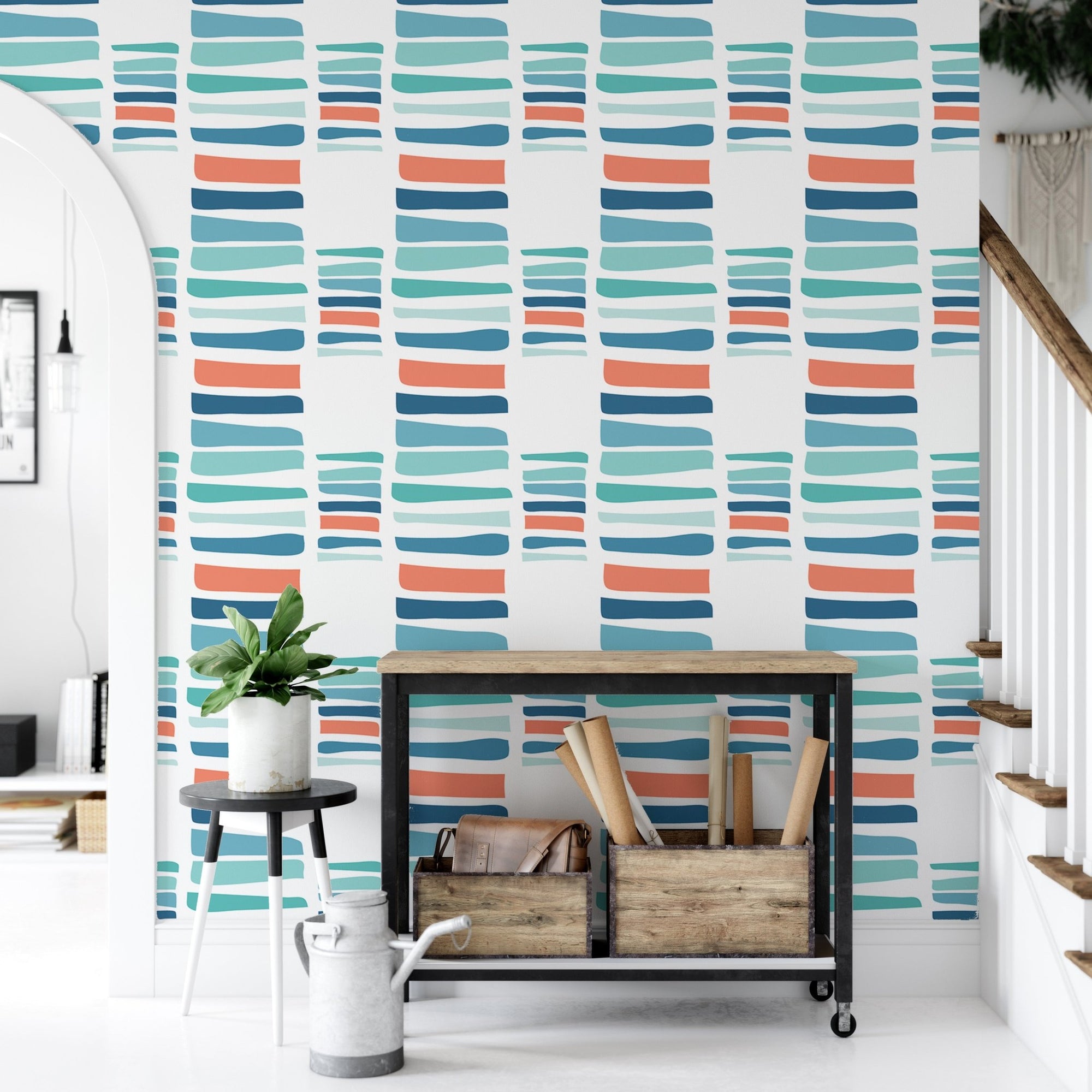Hand Drawn Textured Maritime Stripes Colorful Wallpaper in a hallway with a wooden cart.