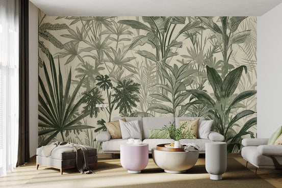 Nature inspired tropical wallpaper featuring intricate hand-sketched leaf patterns.