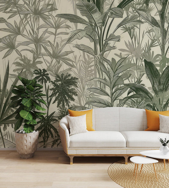 Detailed botanical wallpaper featuring hand-drawn green tropical leaves.