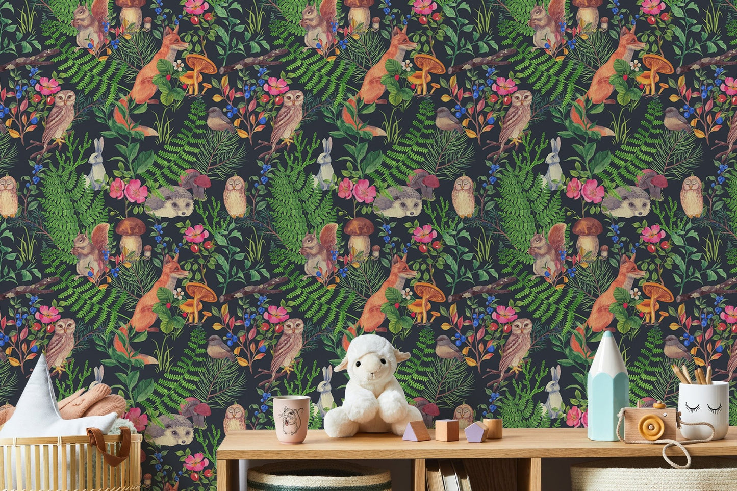 Watercolor wallpaper featuring woodland animals for kids room walls