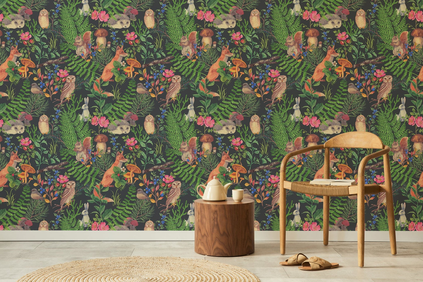 Hand-drawn forest animal pattern wallpaper for modern living room wall.