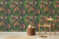 Hand-drawn forest animal pattern wallpaper for modern living room wall.