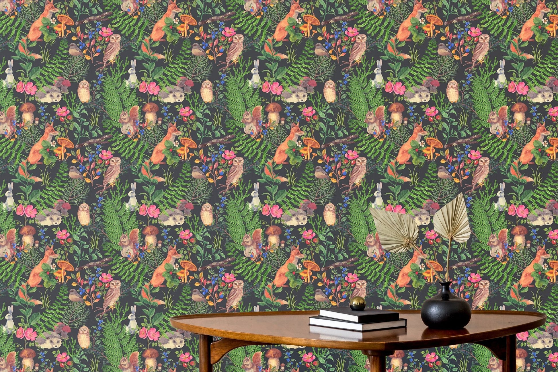 Nature-inspired wallpaper with watercolor forest creatures in hallway.