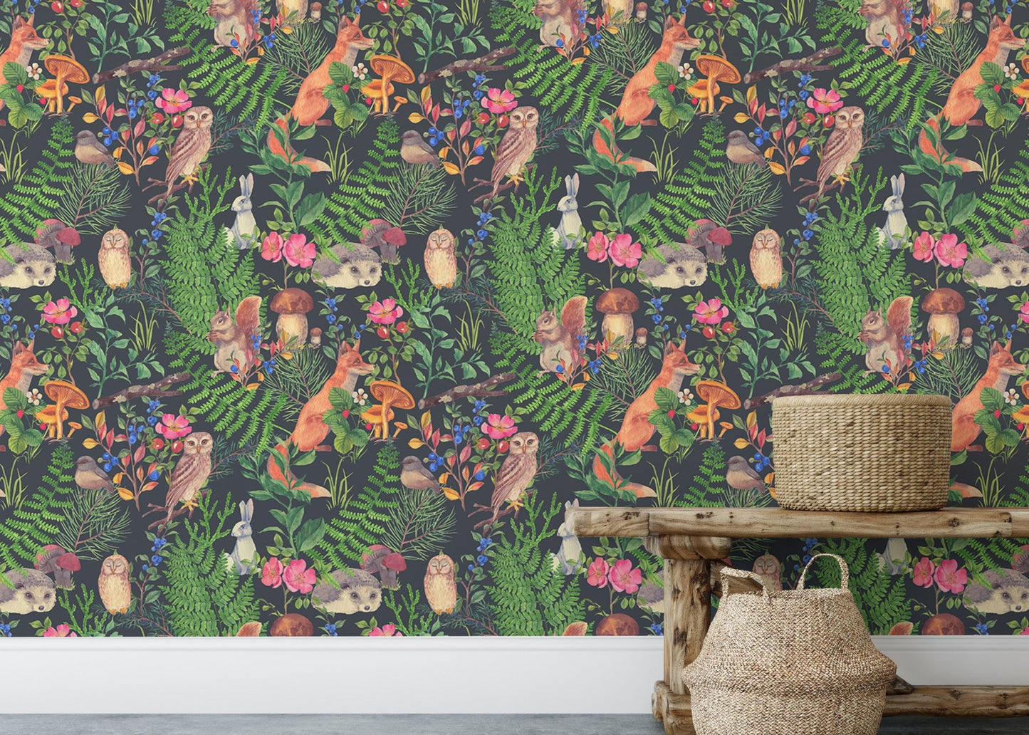 Forest animal wallpaper with owls and rabbits behind a wooden bench in home.