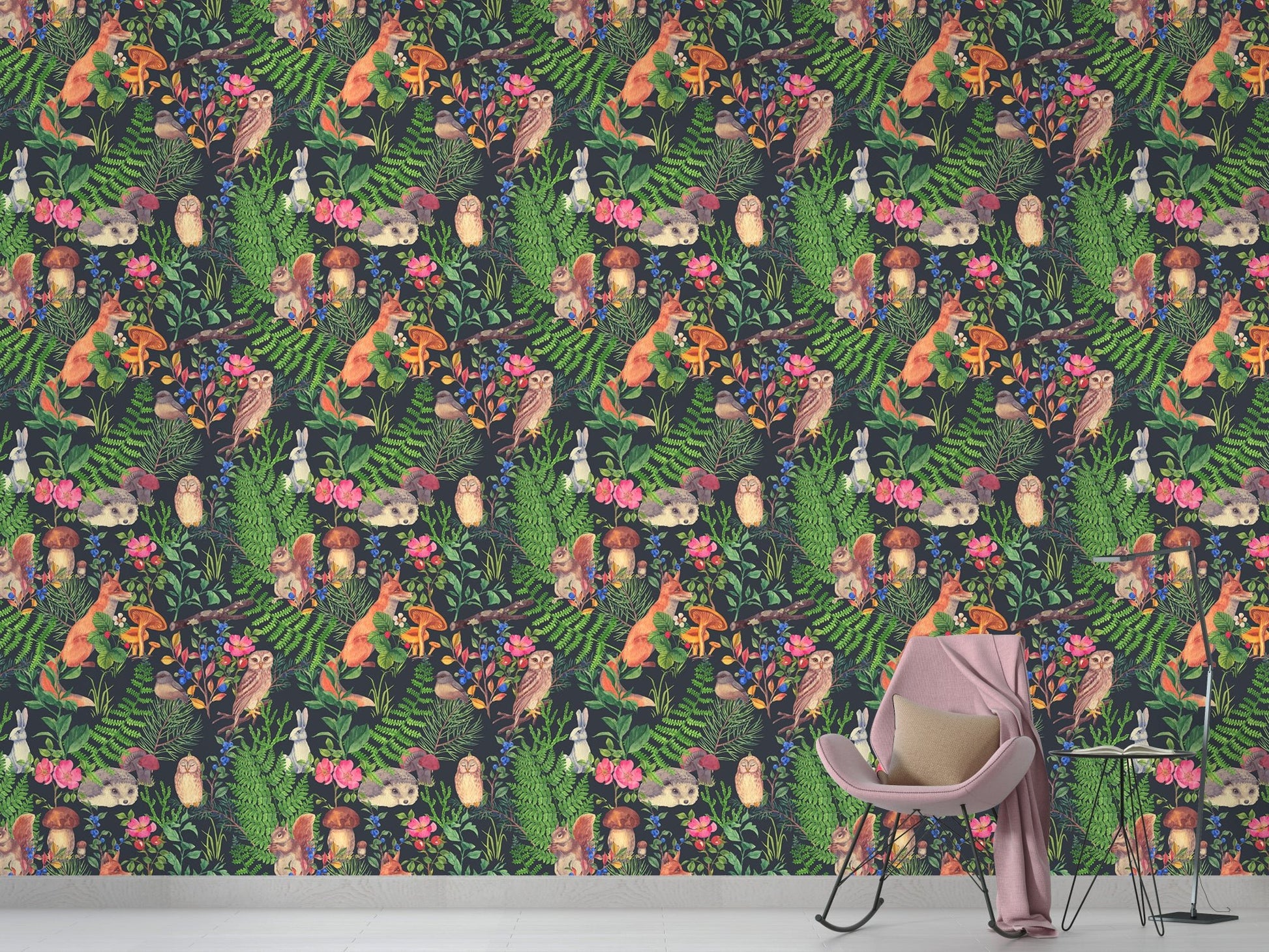Watercolor forest animals wallpaper creating a whimsical playroom wall design.