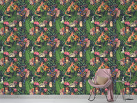 Watercolor forest animals wallpaper creating a whimsical playroom wall design.