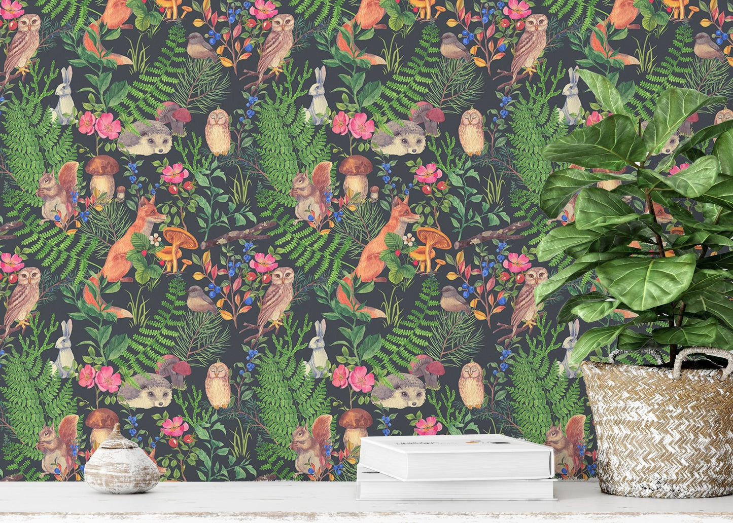 Whimsical forest animal wallpaper for nature-inspired study room walls.