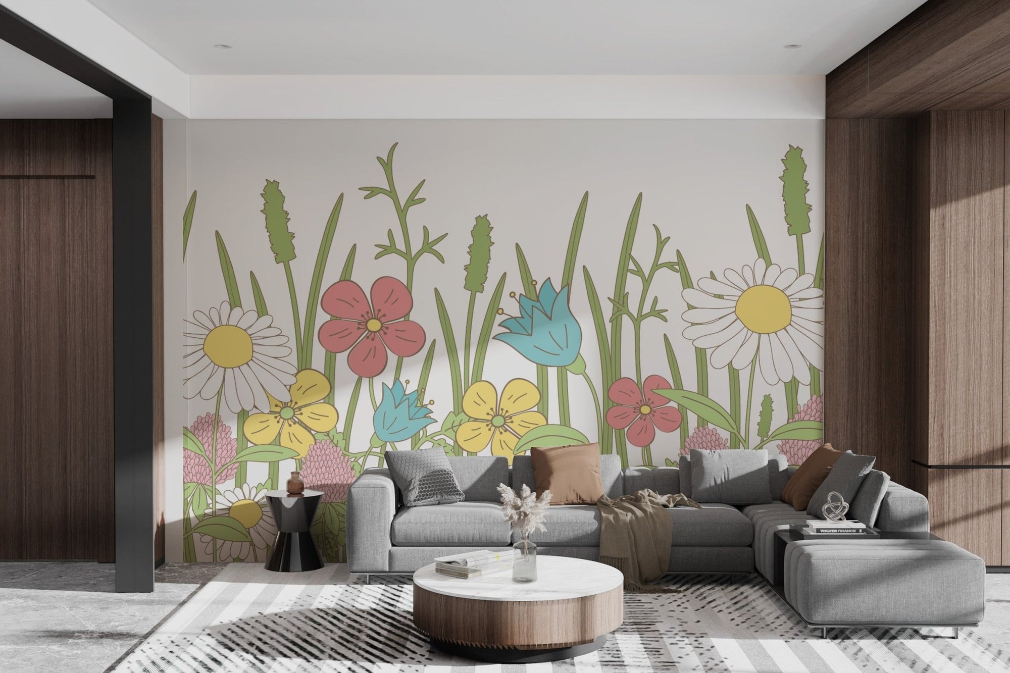 Minimalist floral wall mural featuring whimsical meadow blooms.