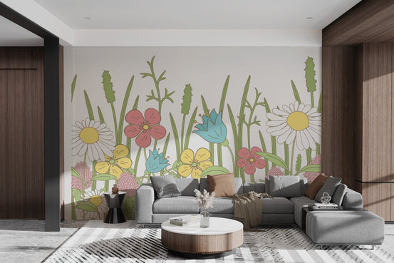 Minimalist floral wall mural featuring whimsical meadow blooms.
