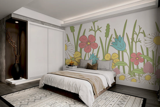 Pastel meadow landscape mural for a serene interior backdrop.