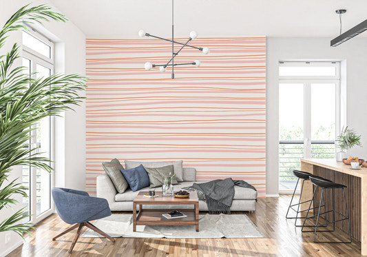 Minimalist horizontal lines wall mural in soft peach and cream tones.