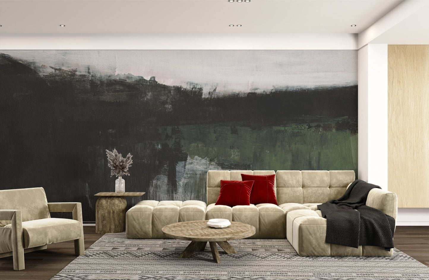 Wall mural with a hand-crafted scenic landscape design for living room decor.