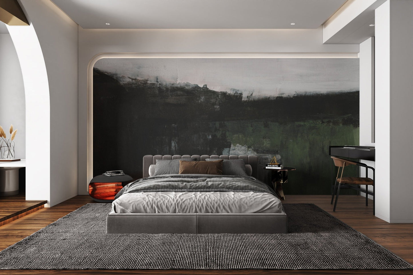 Elegant landscape mural with hand-painted artistic details for bedroom wall.