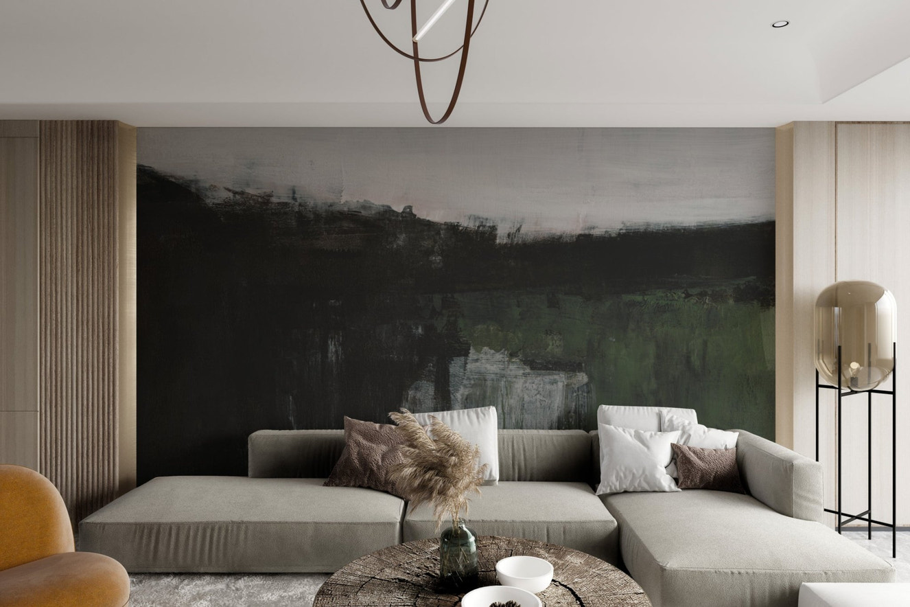 Hand-painted landscape mural with abstract brush texture for living room.