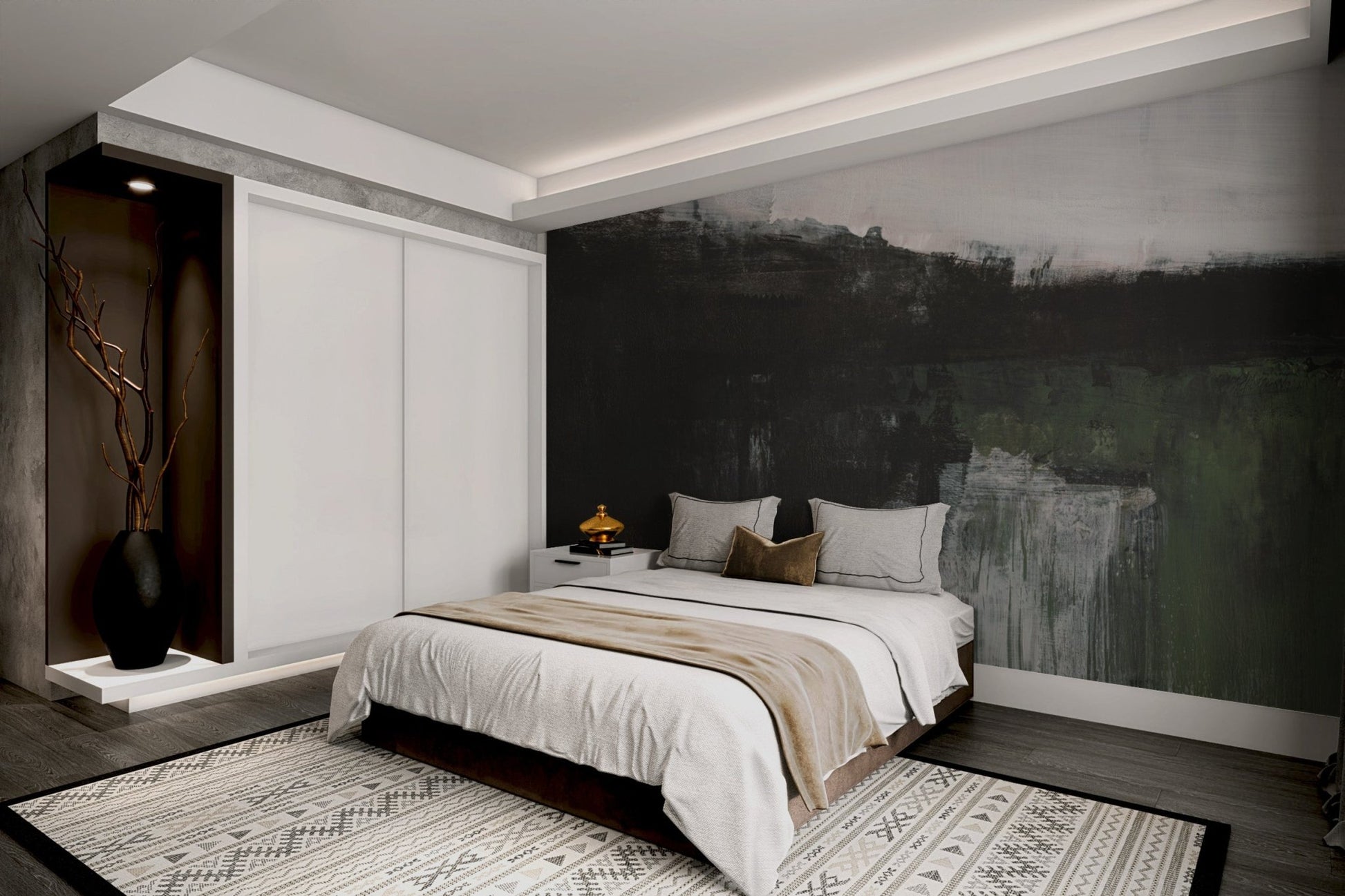 Green tone hand-painted wall mural featuring a serene landscape for bedroom interior.