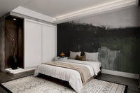 Green tone hand-painted wall mural featuring a serene landscape for bedroom interior.