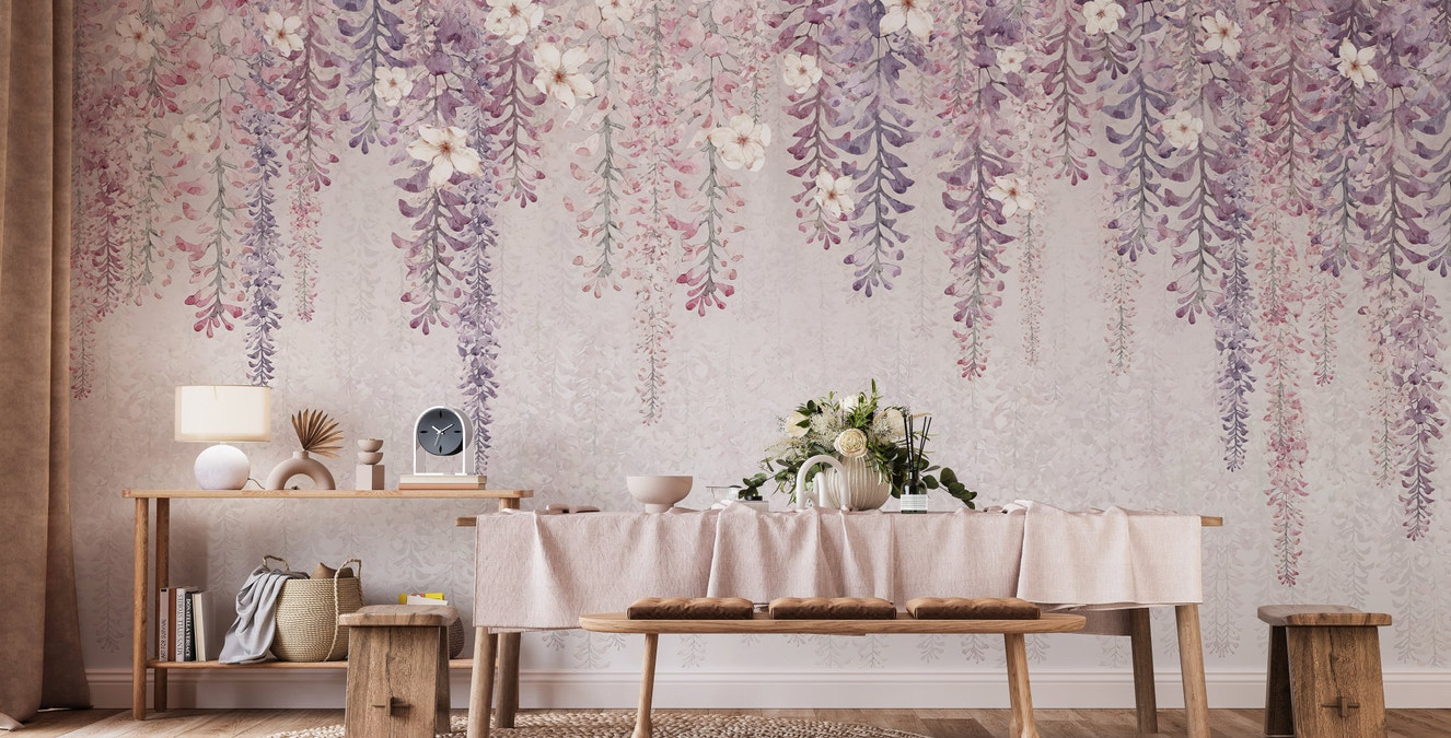 Hanging blossom leaves wallpaper mural in soft pink and lavender tones.