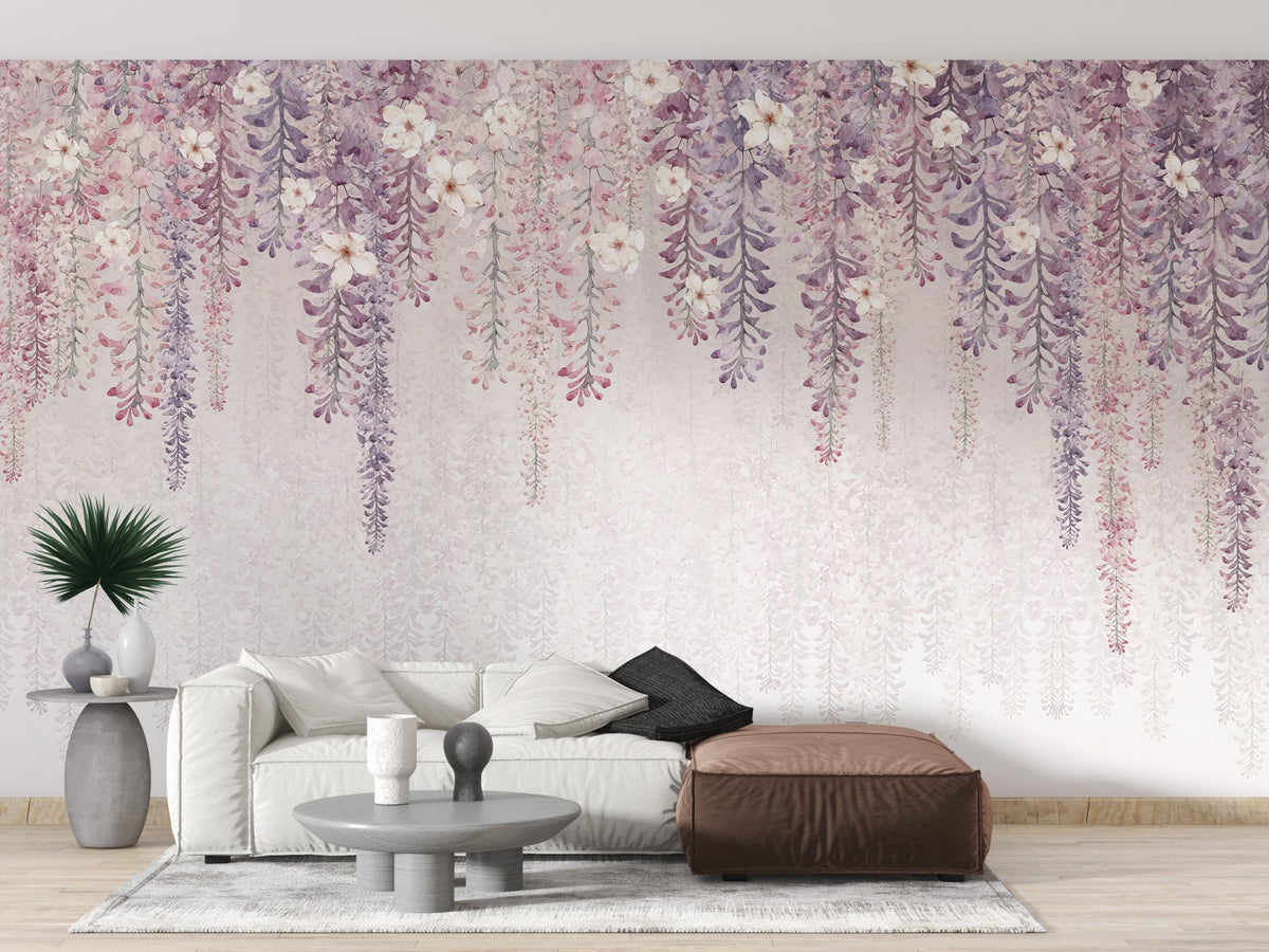 Delicate purple and pink blossom leaves wall mural design.