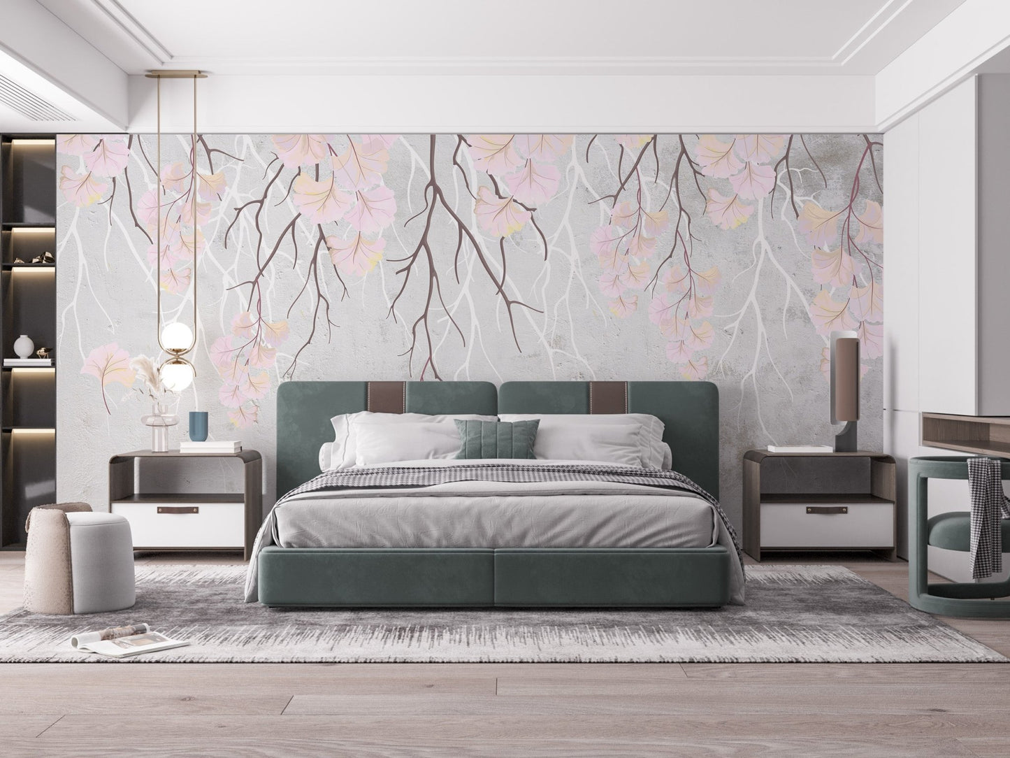 Master bedroom wall mural with hanging flower branches.