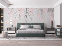 Master bedroom wall mural with hanging flower branches.