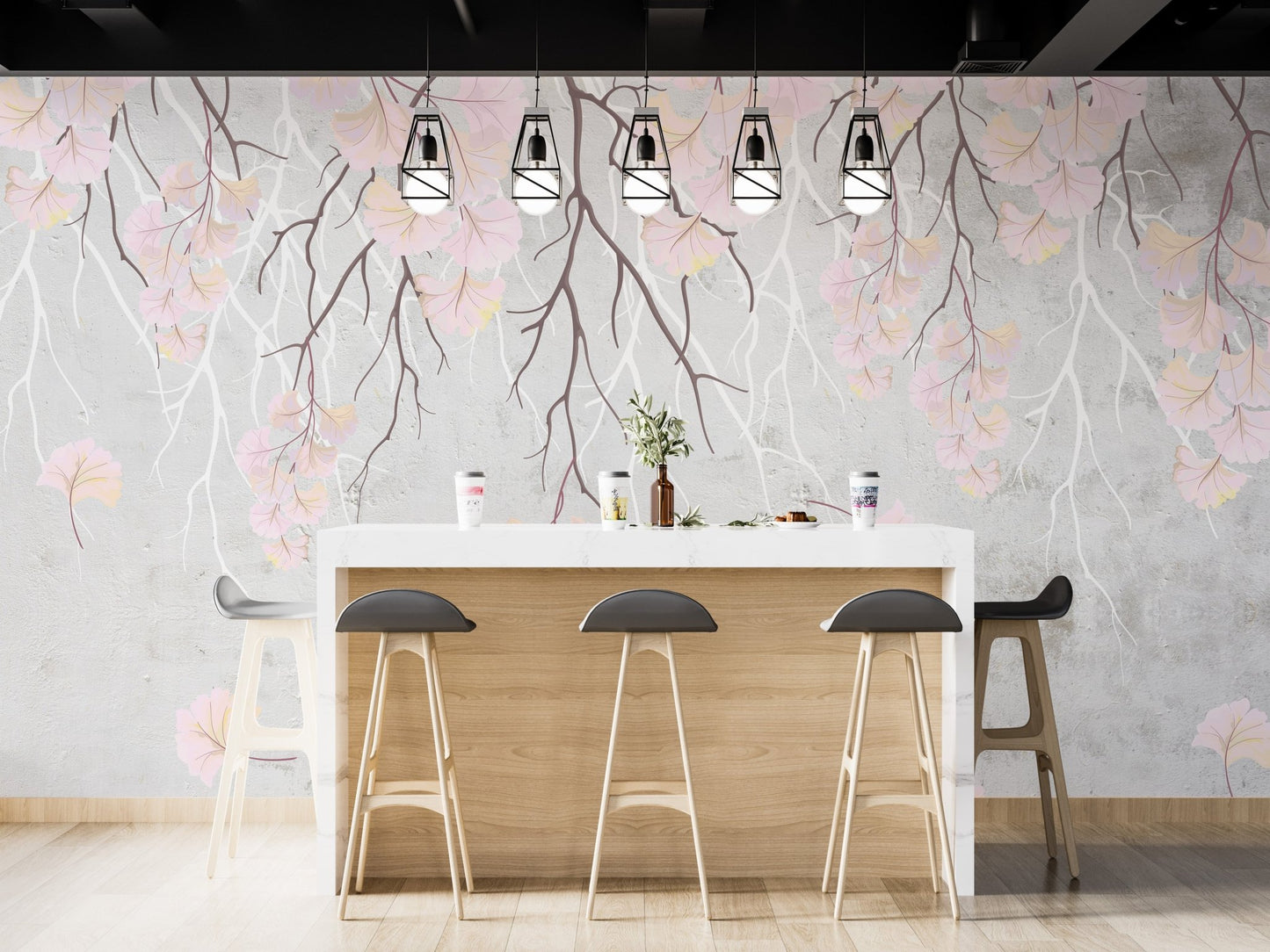 Kitchen breakfast bar wall mural with pink blossom branches.