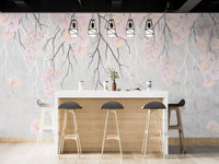 Kitchen breakfast bar wall mural with pink blossom branches.
