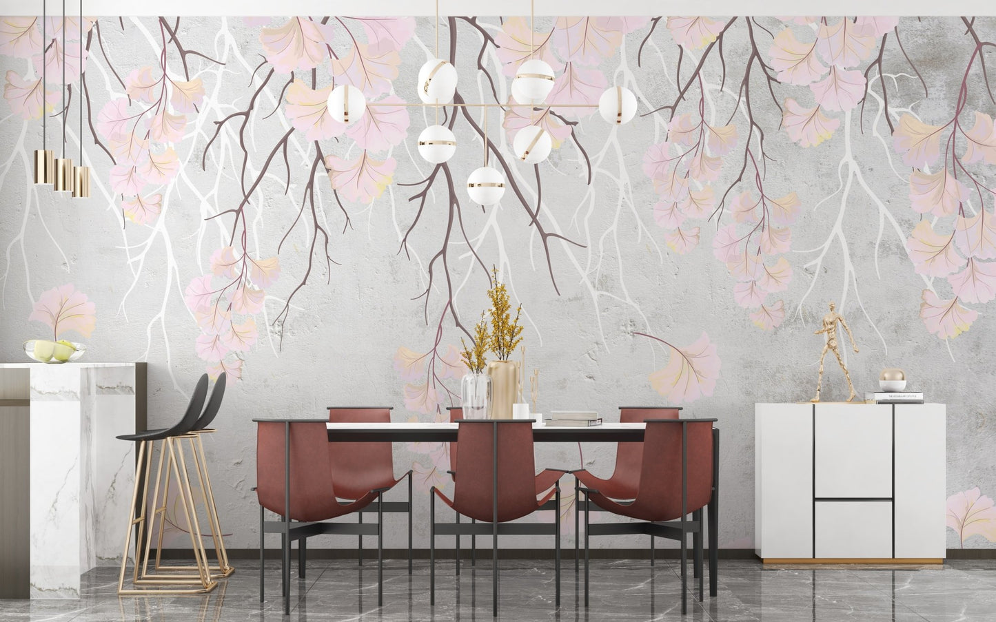 Dining room wall mural showing hanging flowers and branches.