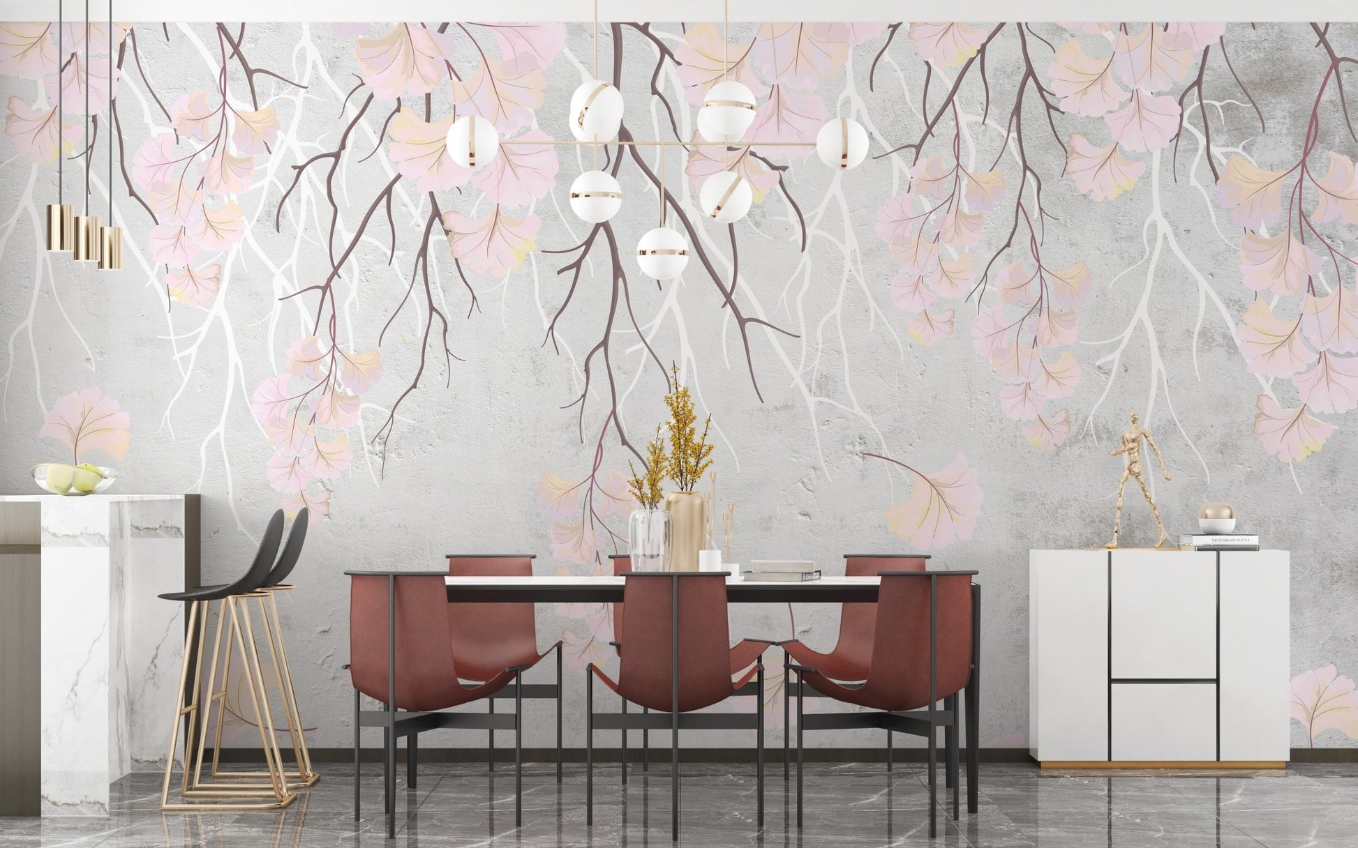 Dining room wall mural showing hanging flowers and branches.