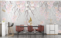Dining room wall mural showing hanging flowers and branches.