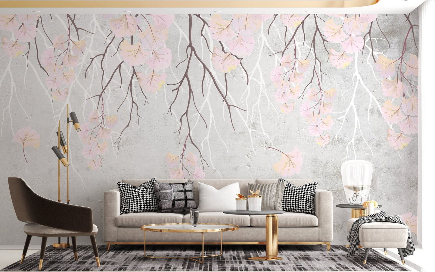 Modern living space wall mural with pink floral art.