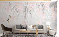 Modern living space wall mural with pink floral art.