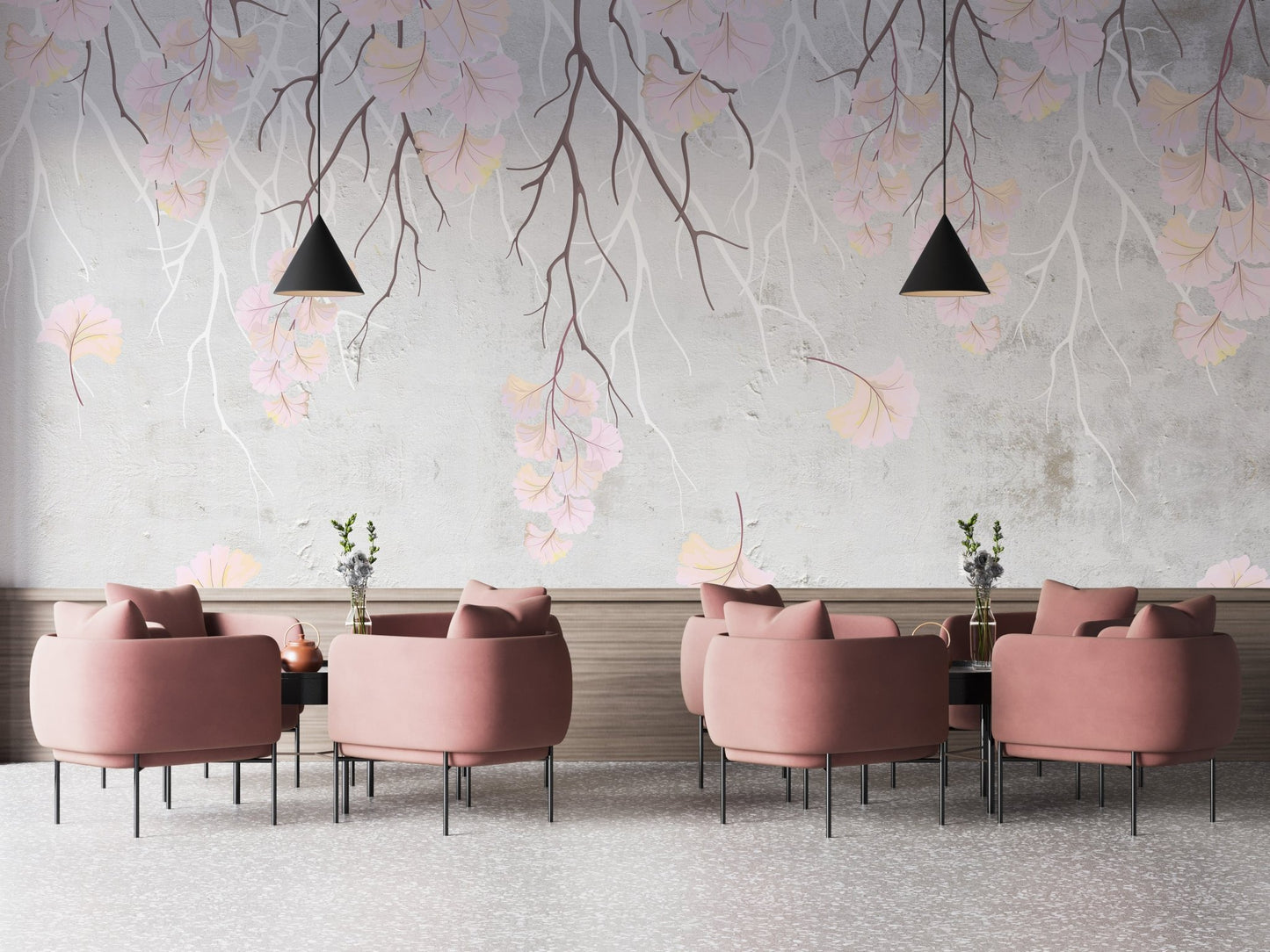 Hanging flower branches on a pink wall mural in a cafe.