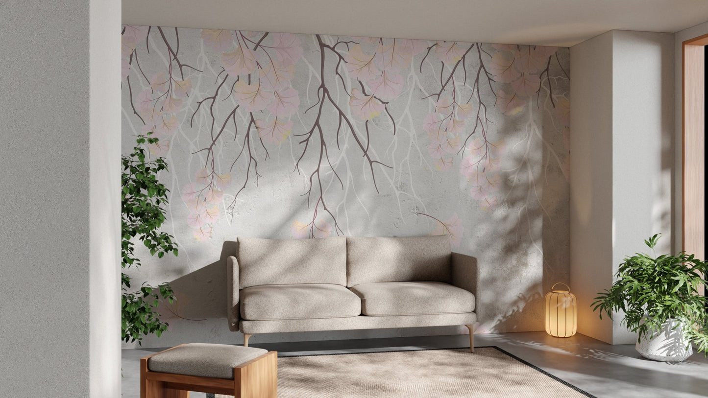 Floral wall mural featuring pink cherry blossoms in a bright living area.