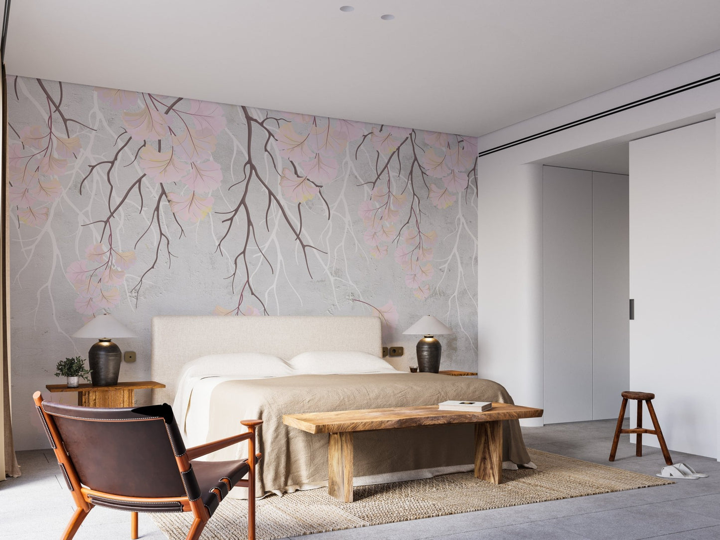 Bedroom wall mural with pink floral patterns in sunlit bedroom.