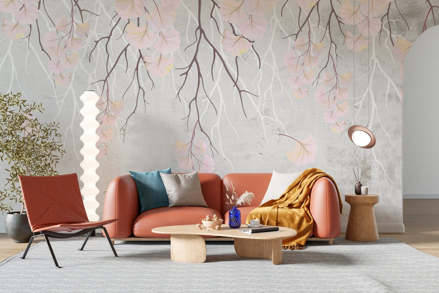 Contemporary living space wall mural with pink flowers.