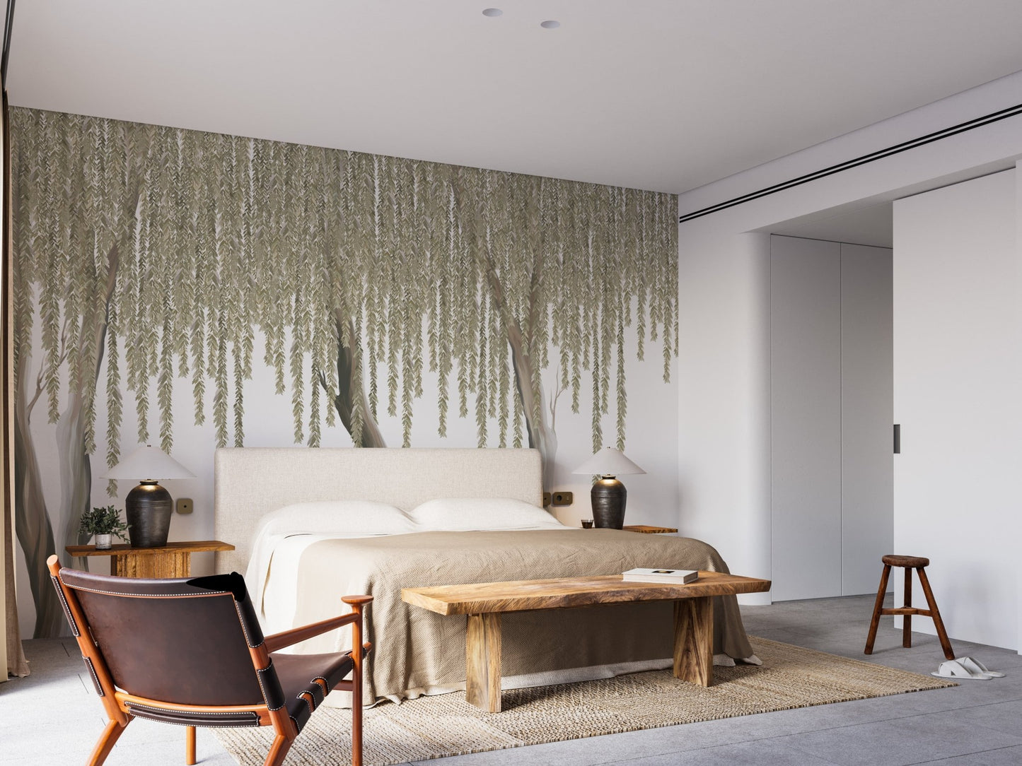 Bedroom wall mural with Hanging Flowers Tree behind a tan bed.