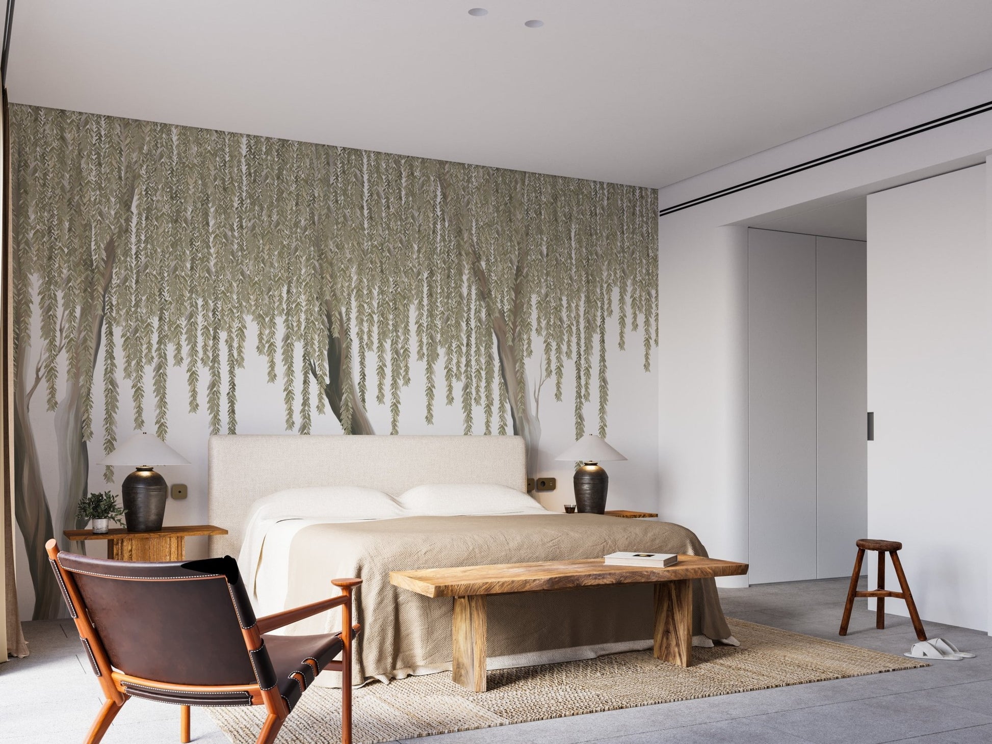 Bedroom wall mural with Hanging Flowers Tree behind a tan bed.