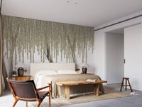 Bedroom wall mural with Hanging Flowers Tree behind a tan bed.