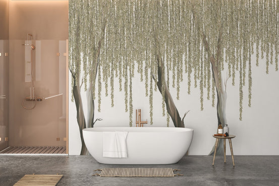 Bathroom wall mural featuring hanging green vines behind a freestanding tub.