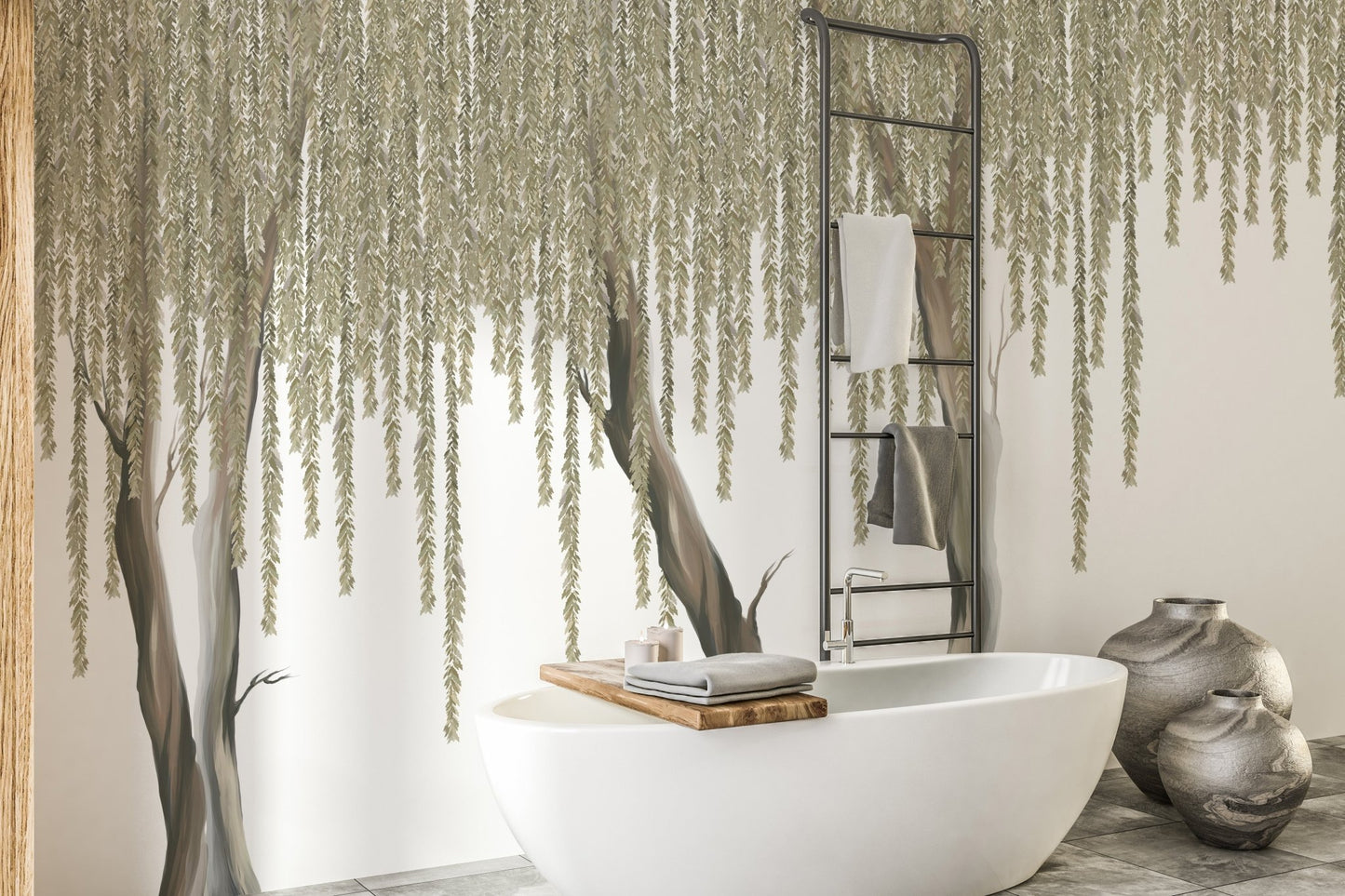 Serene Hanging Flowers Tree Wall Mural for Bathroom backdrop.