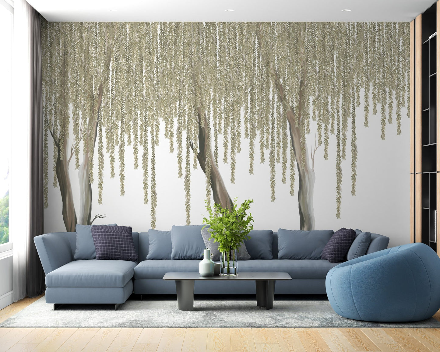 Nature-Inspired Hanging Flower Tree Mural for Large Living Rooms