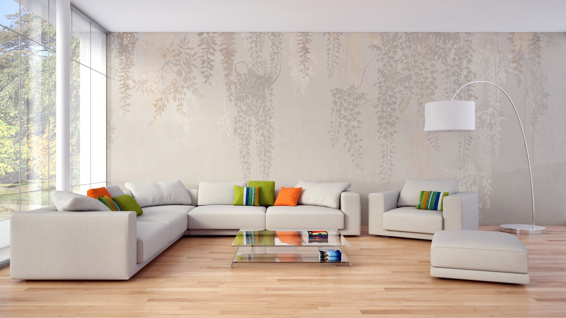 Minimalist beige leaf wall mural in a large open plan living area with grey seating.