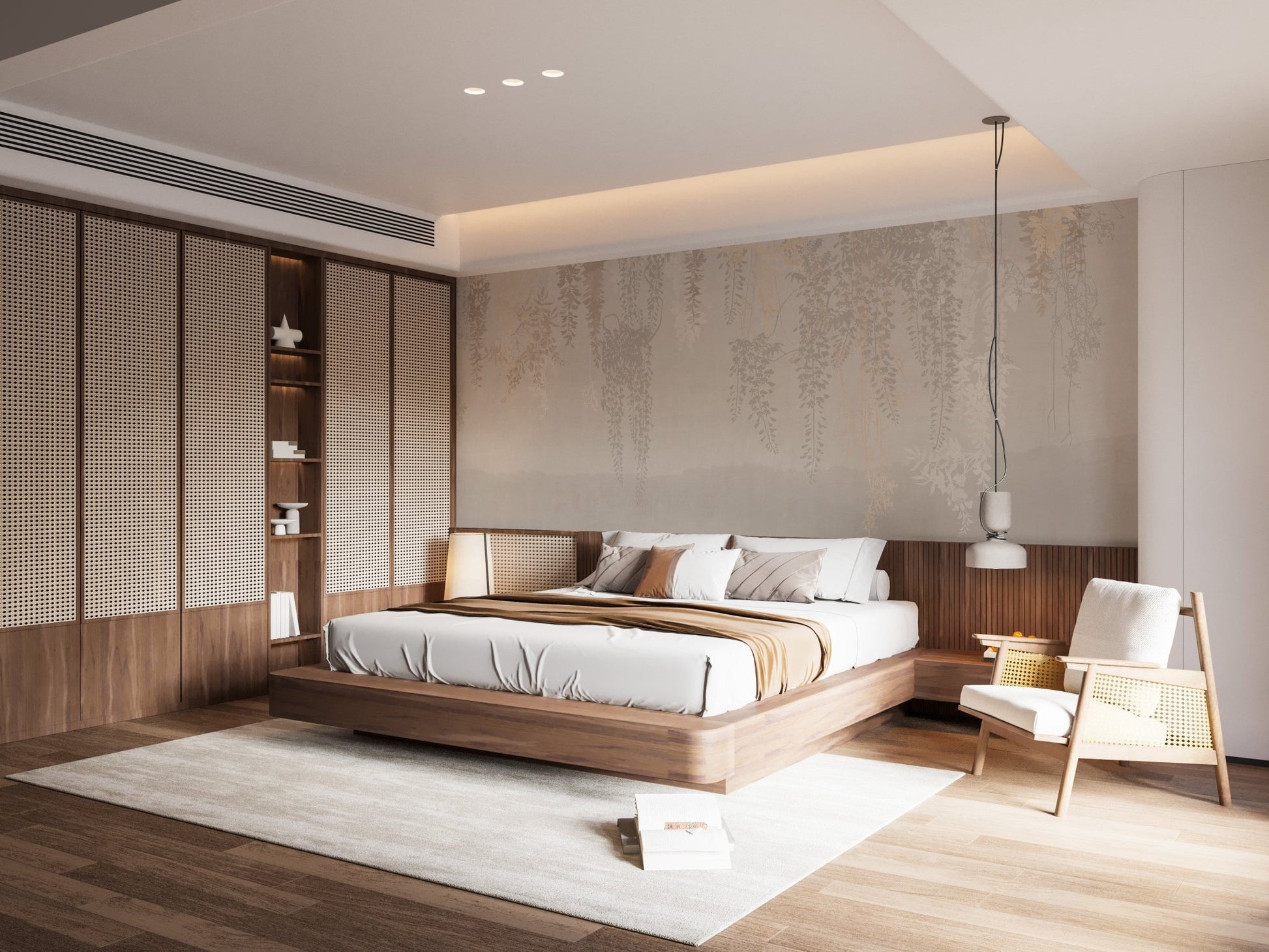 Hanging Golden Beige Color Leaves mural in a modern bedroom with warm wood panels.