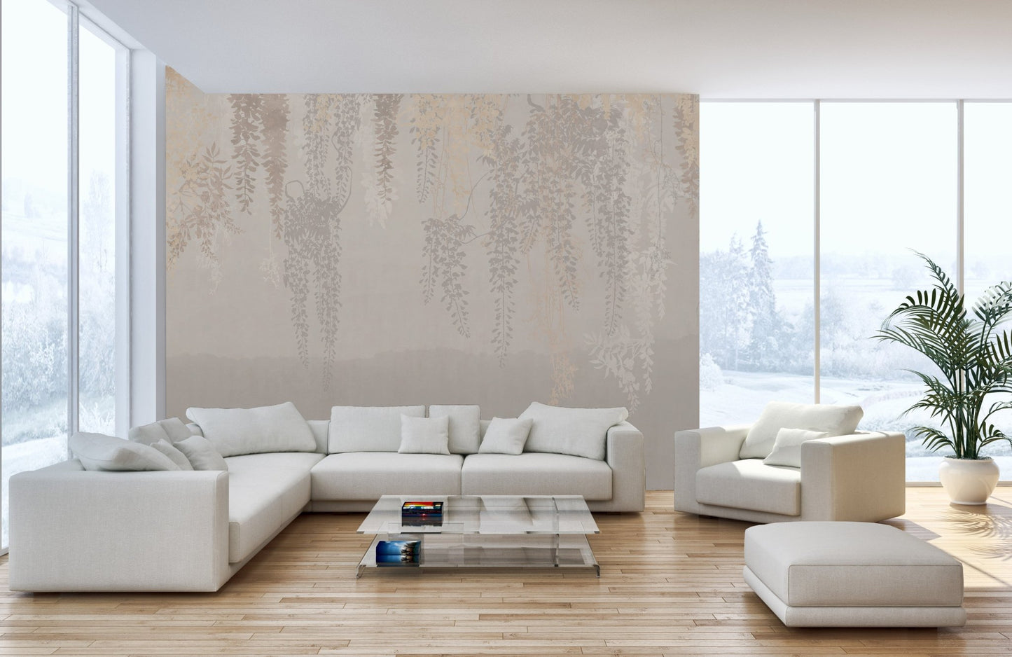 Faded botanical leaves wall mural in a bright white room with a sectional sofa.