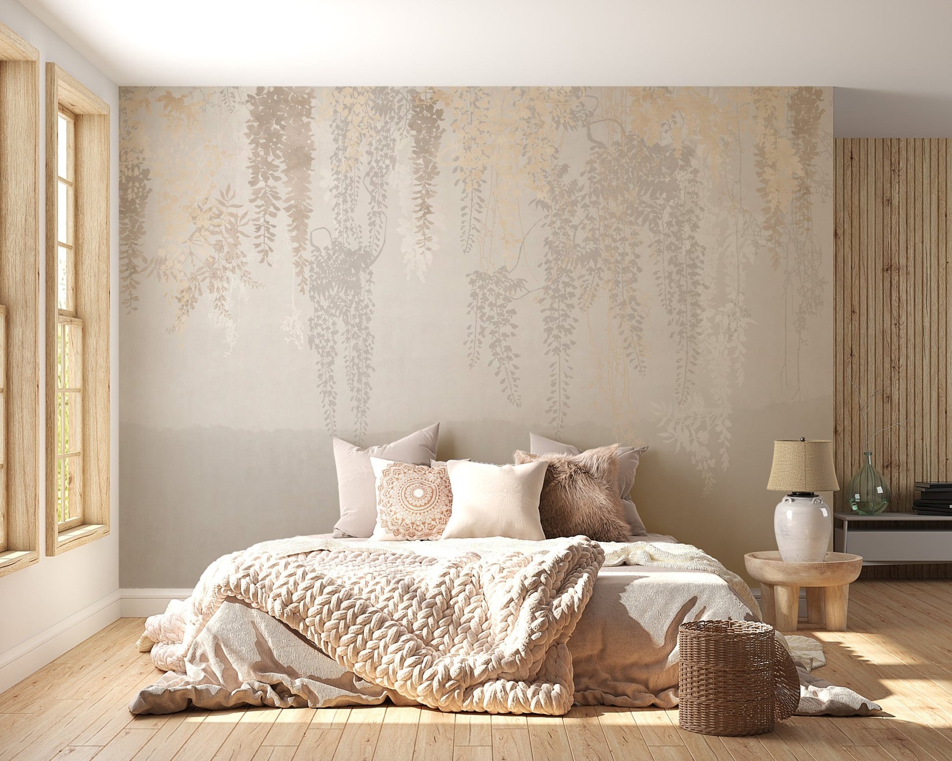 Golden Beige Leaves Wall mural for sophisticated bedroom decor.