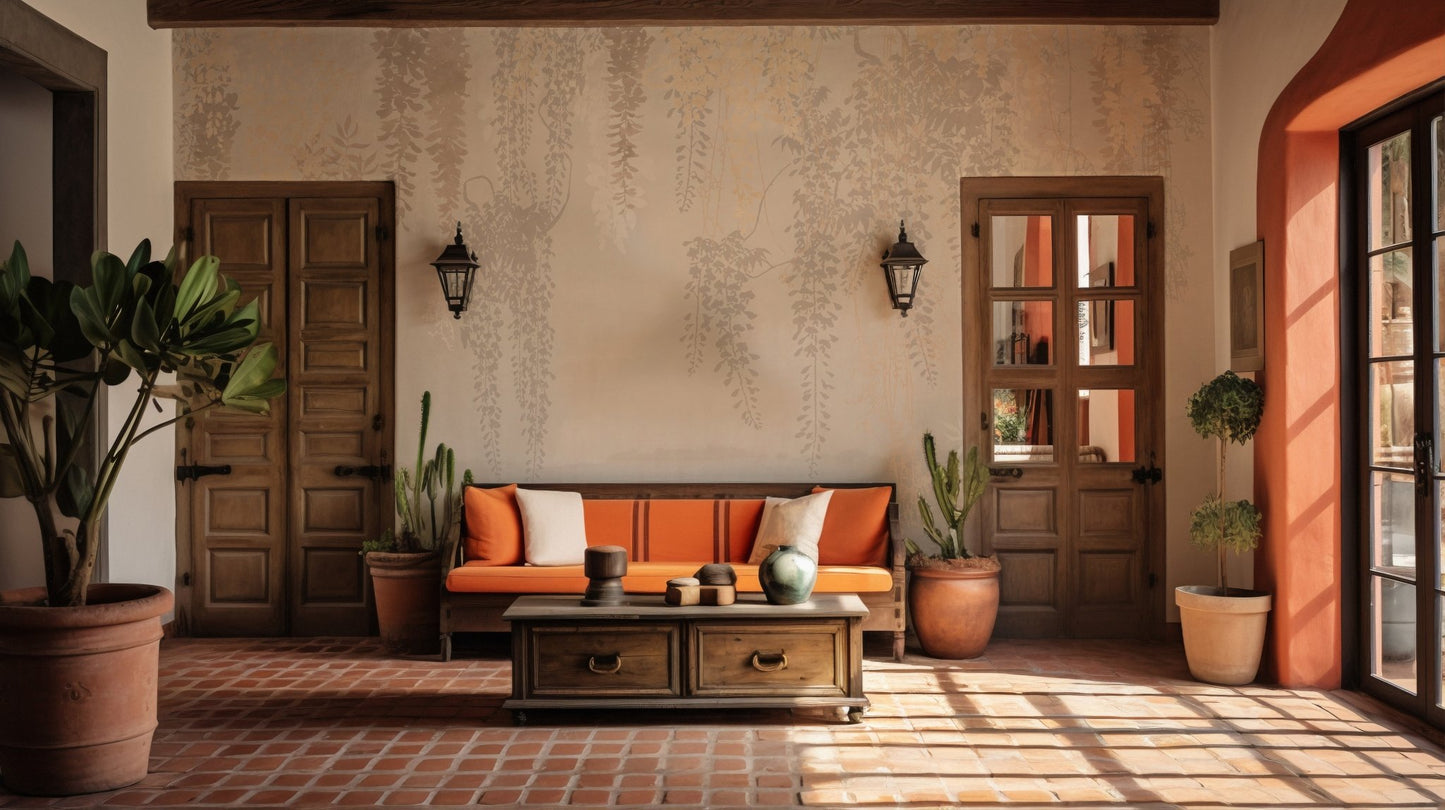 Terracotta style patio area with Hanging Golden Beige Color Leaves Wall mural