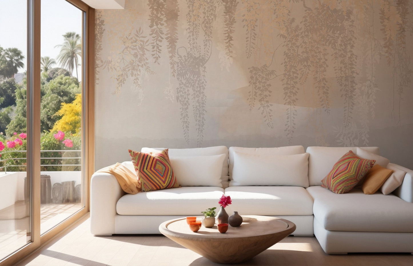 Hanging Golden Beige Color Leaves Mural in a sunlit living room with white sofa.