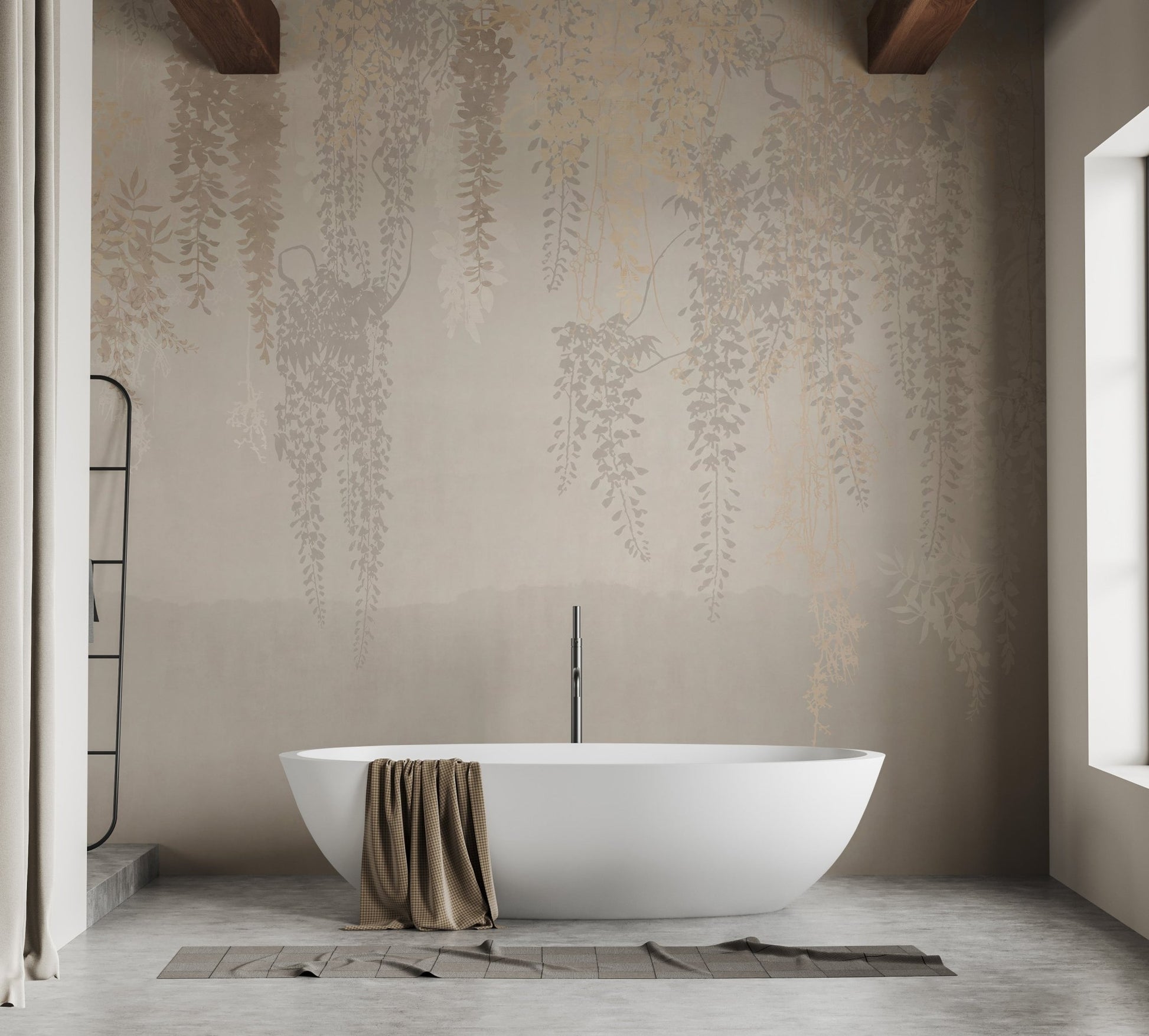 Hanging Golden Beige Leaves Mural for Bathroom interior.