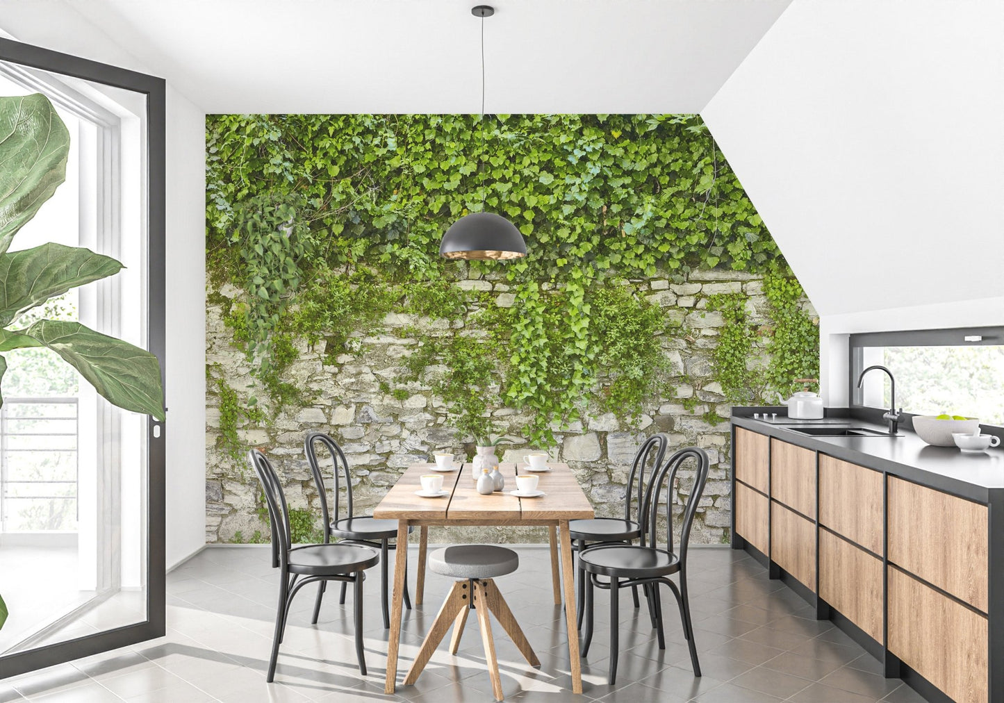 Hanging Green Leaves Wallpaper Murals for a kitchen dining area with a long table.